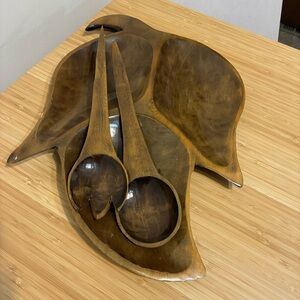 Vintage Hand-Carved Wooden Leaf Serving Bowl with Matching Spoons - Brown